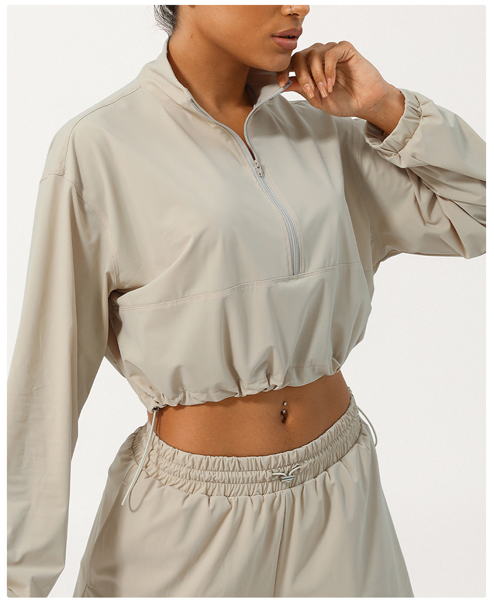 Summer Half Zipper Turtleneck Sun Protection Yoga Clothes Coat UV Protection Outdoor Skin Clothing Hoodie With Drawstrings Sun Protective Clothing
