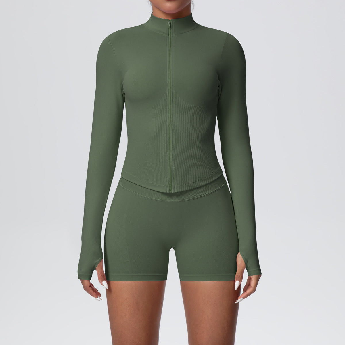 Stand Collar Knitted Long Sleeve Zipper Yoga Jacket Tight Quick Drying Yoga Shorts Fitness Yoga Wear Set for Women