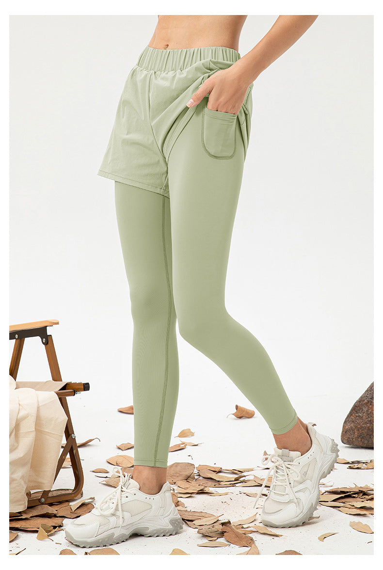 Women Faux Two Piece Yoga Trousers High Waist Hip Lift Fitness Pants Pocket Loose Breathable Running Workout Pants