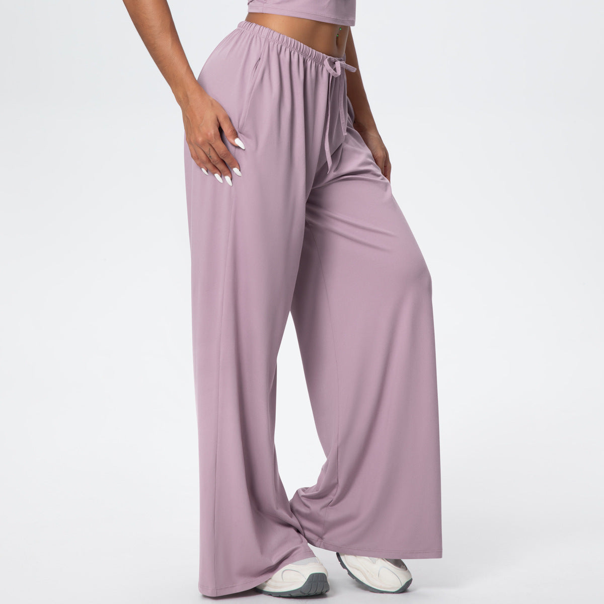 Brushed Trousers Draping Side Pocket Wide Leg Pants Loose Casual Pants Women Sports Fitness Elastic Drawstring Trousers