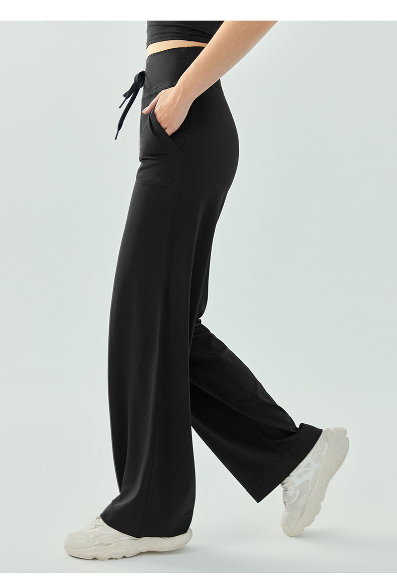 Large Pocket Quick Drying Track Pants Loose High Elastic Drawstring Wide Leg Yoga Pants Drooping Straight Spring Autumn Breathable Casual Pants
