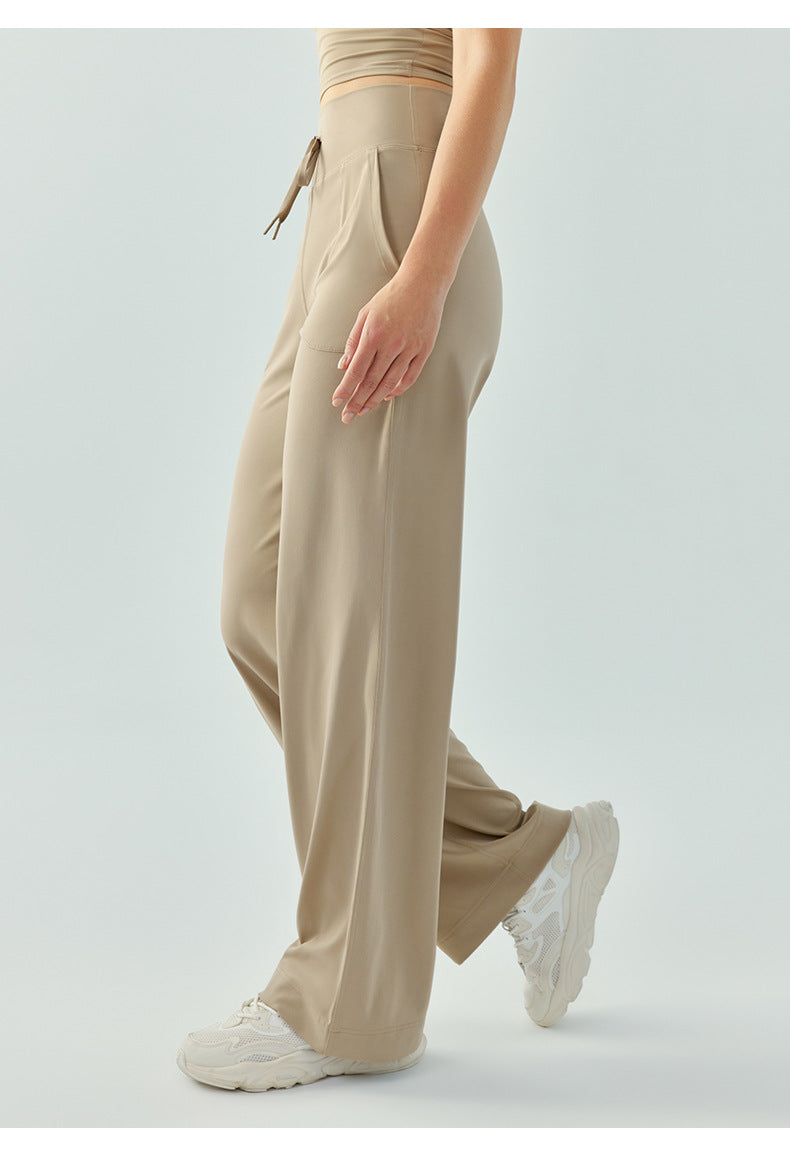 Large Pocket Quick Drying Track Pants Loose High Elastic Drawstring Wide Leg Yoga Pants Drooping Straight Spring Autumn Breathable Casual Pants