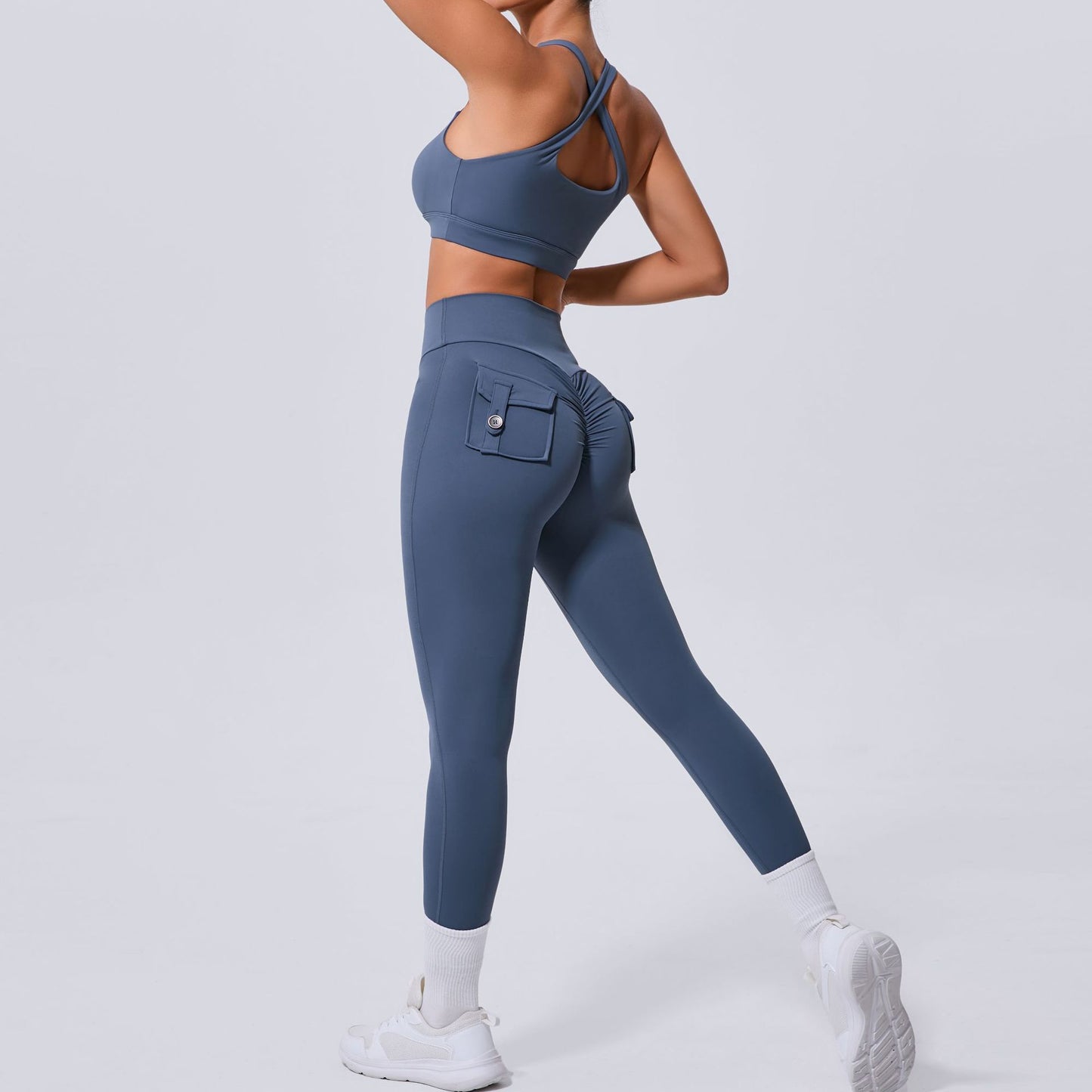 Autumn Sand Winter Pocket Nude Feel Tight Yoga High Waist Quick Drying Running Sports Workout Clothes Two Piece SetS