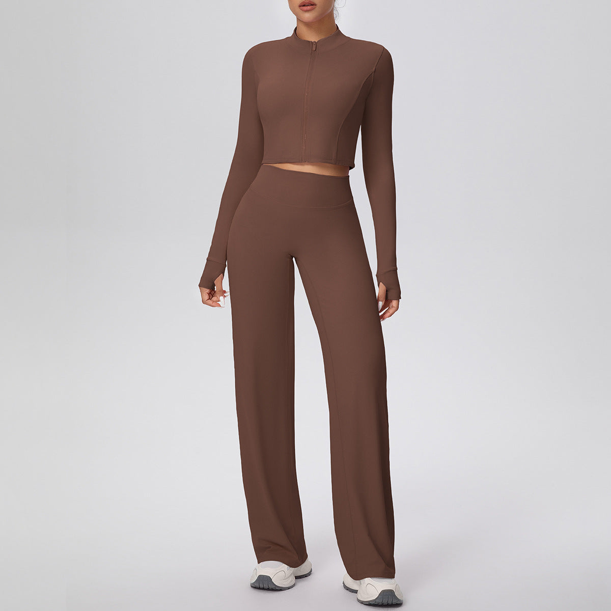 Micro Brushed Solid Color Zipper Jacket Sports Long Sleeve Running Baggy Straight Trousers Fitness Yoga Wear Suit Women