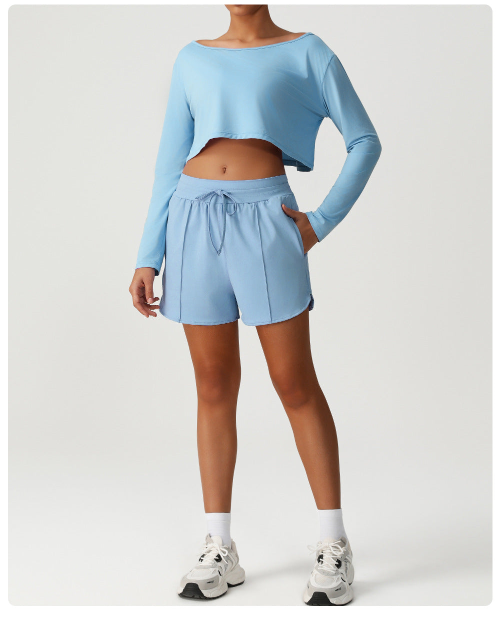 Nude Feel Quick Drying Sports Solid Color Shoulder Long Sleeve Loose Fitting Cropped Top Yoga Set