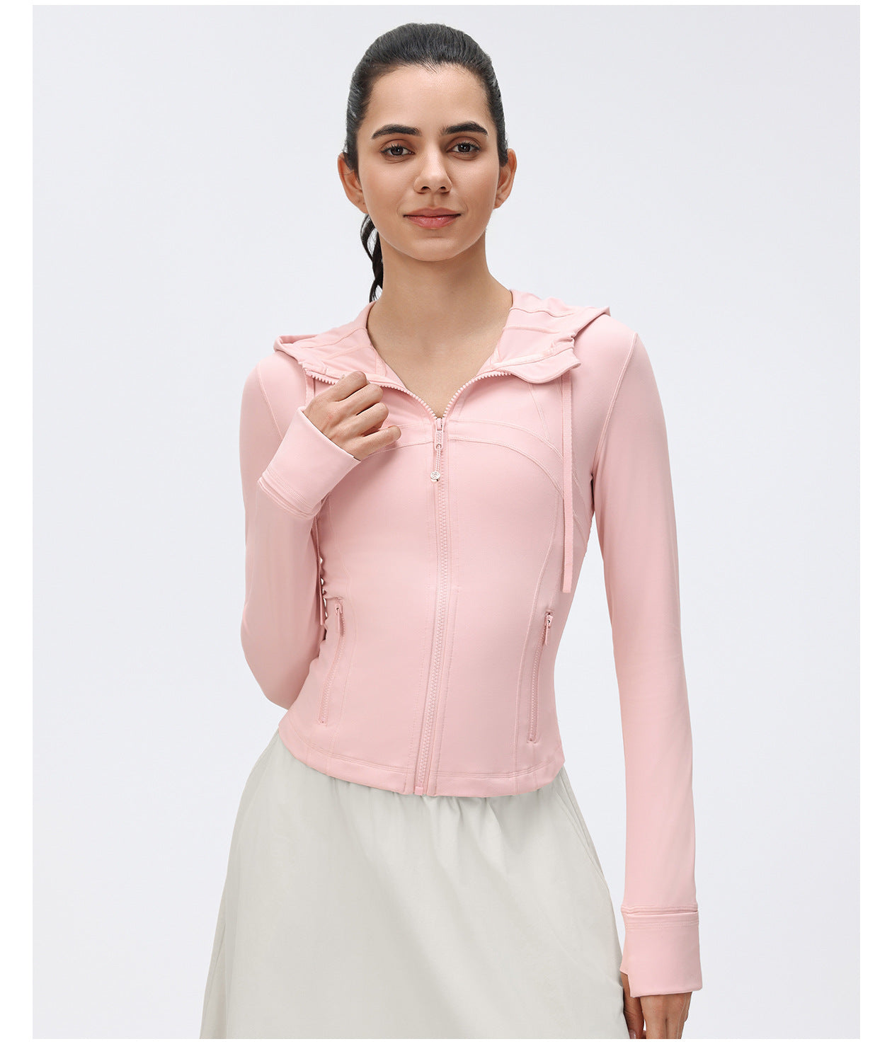 Windproof Hood Drawstring Yoga Clothes Women Short Waist-Tight Slim Look Running Fitness Jacket Coat