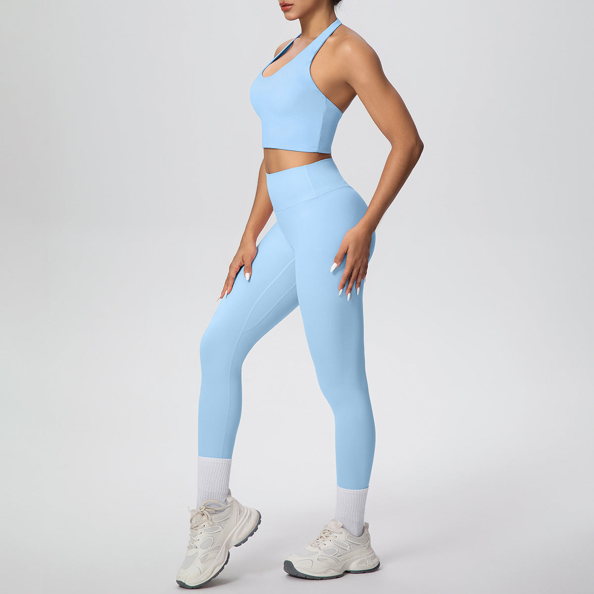 Solid Color Halter Beauty Back Exercise Bra Gathering Vest Running Body Shaping Exercise Workout Pants Yoga Two Piece Sets