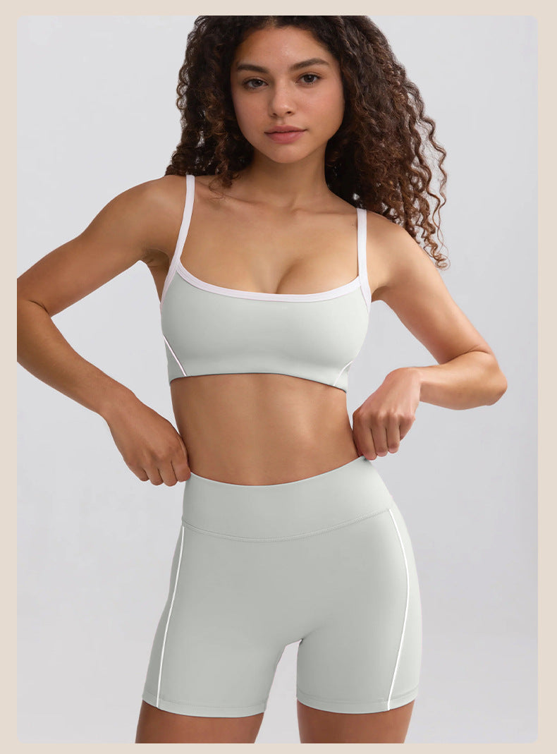 Spring Summer Yoga Clothes White Strap Shockproof High Strength High Waist Hip Lift Running Workout Shorts Sets