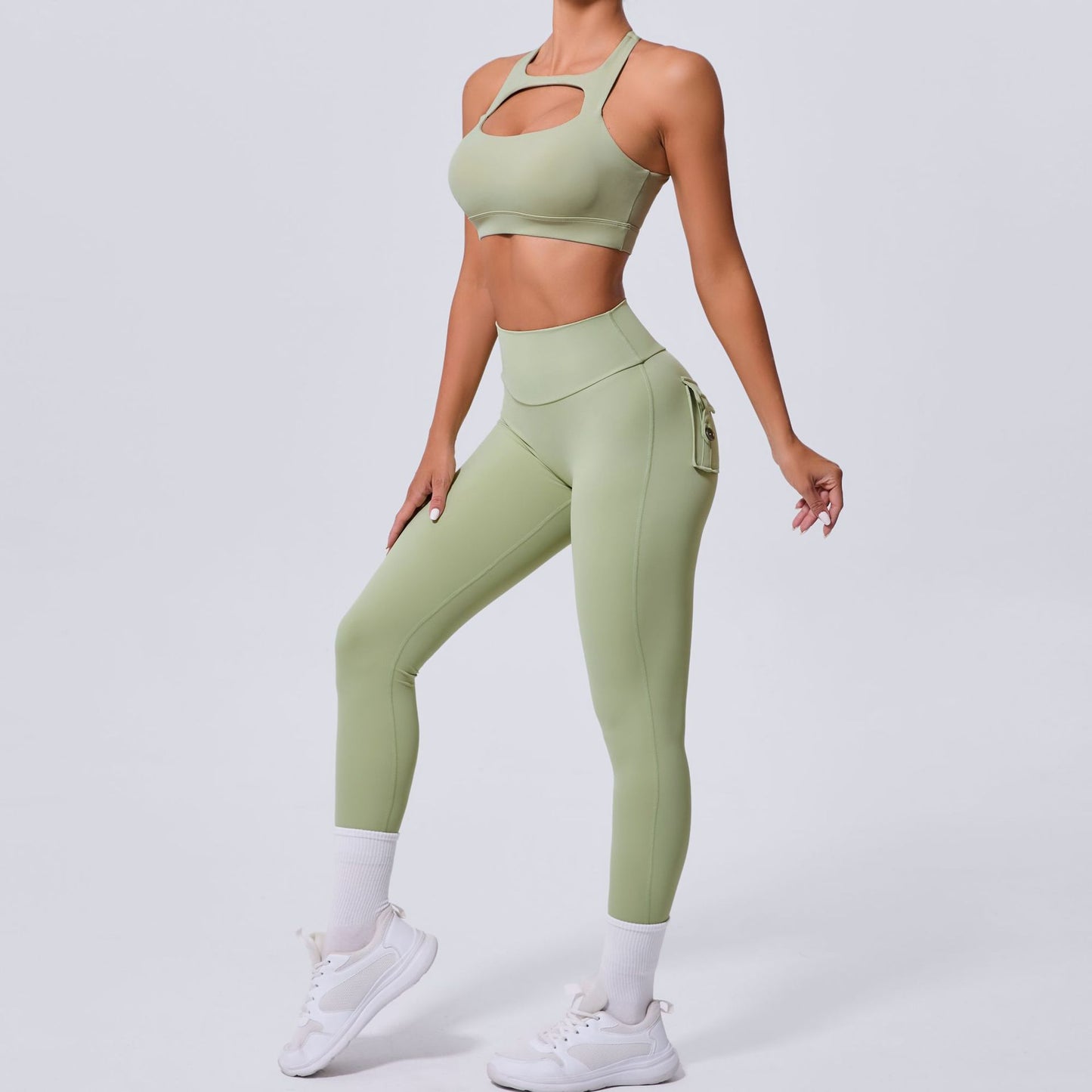 Autumn Sand Winter Pocket Nude Feel Tight Yoga High Waist Quick Drying Running Sports Workout Clothes Two Piece SetS