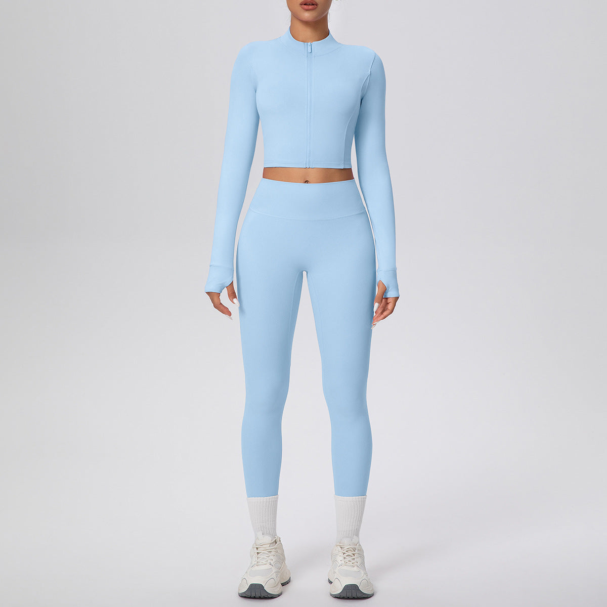 Tight High Waist Nude Feel Sports Thumb Hole Zip Long Sleeve Coat Yoga Clothes Fitness Hip Lifting Yoga Set
