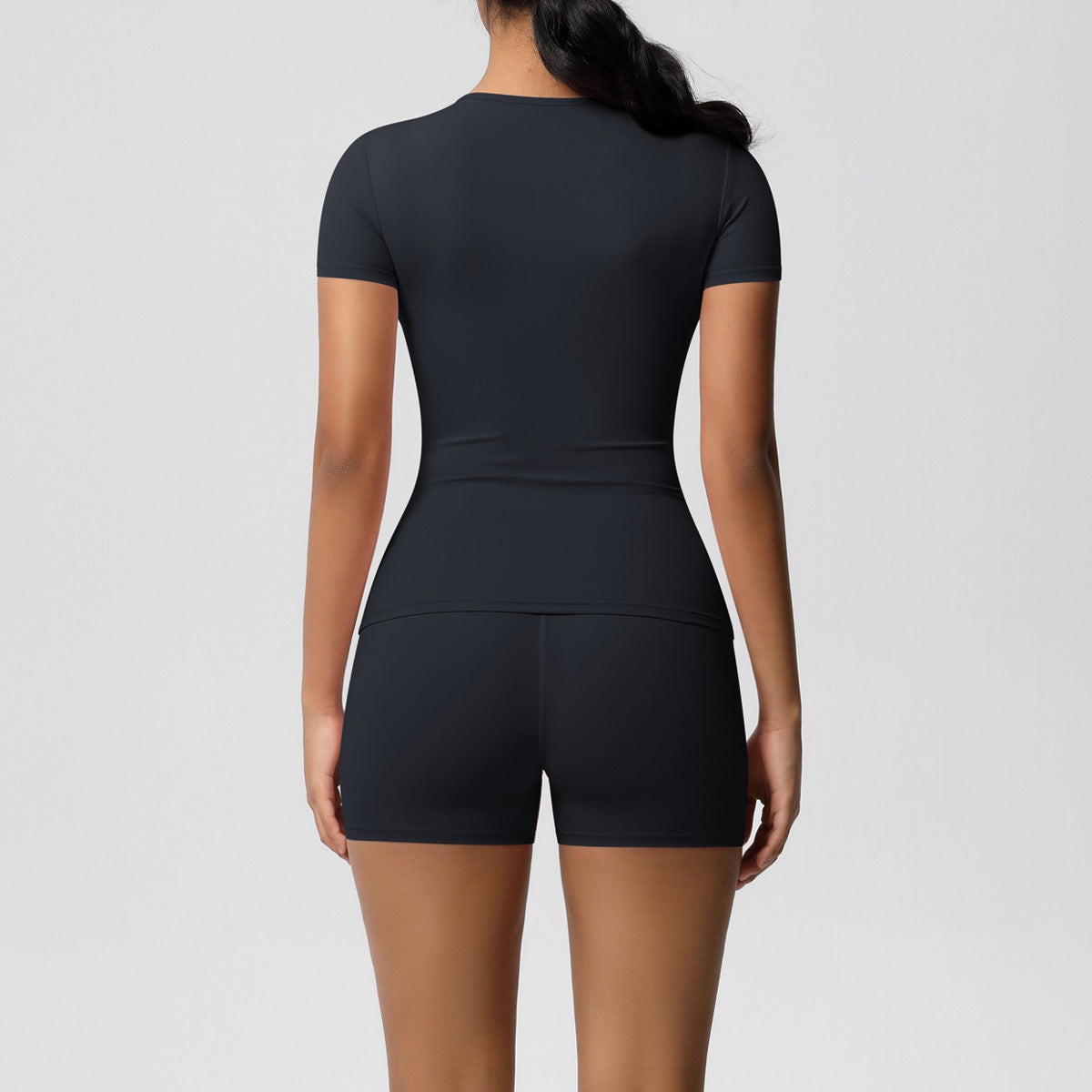Solid Color Nude Feel Skin Friendly Exercise Yoga Clothes Slim Fit Slimming Stretch T shirt Fitness Shorts Set Women
