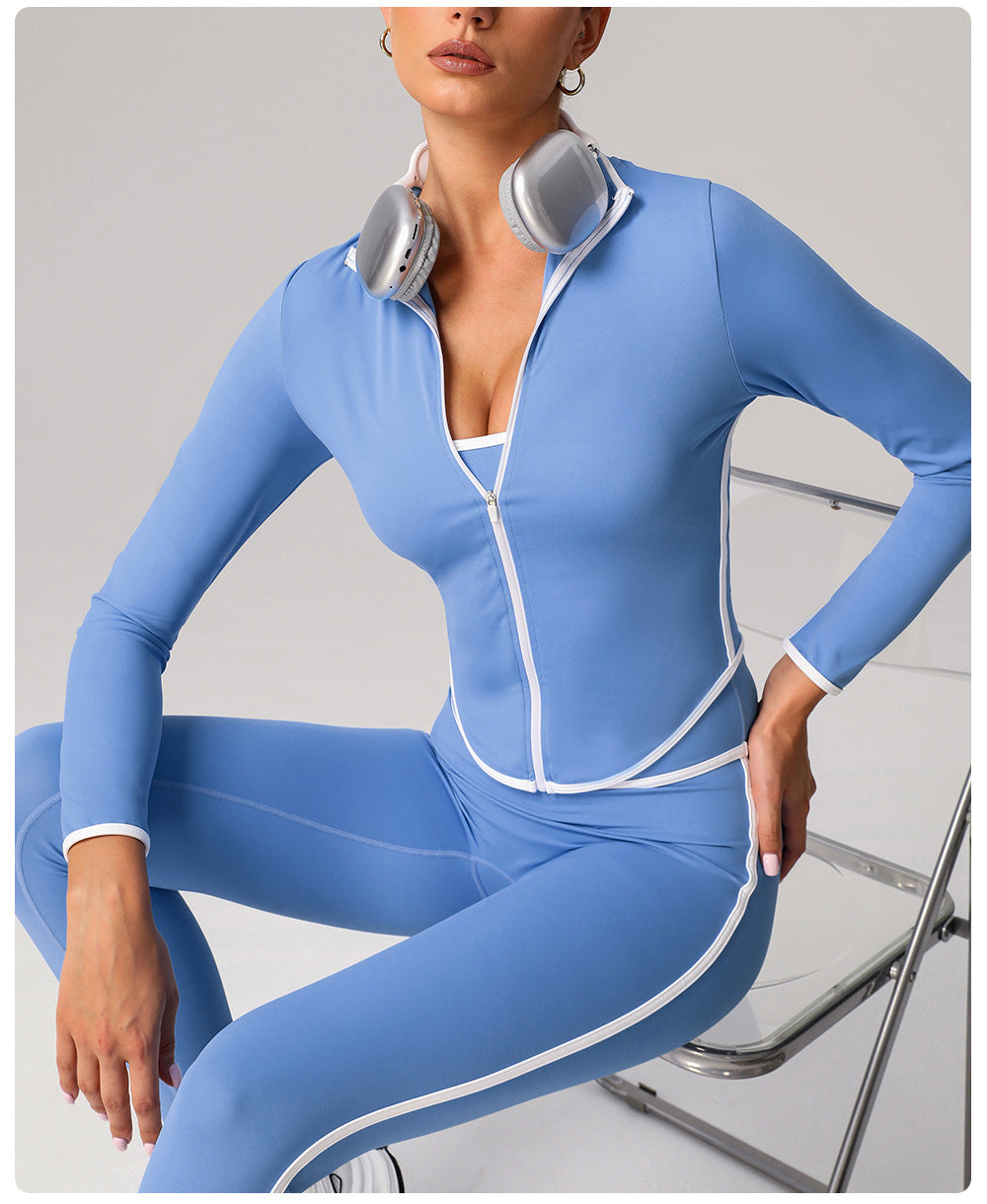 Contrast Color Sports Yoga Jacket Stand Collar Long Sleeve Coat Outdoor Workout Clothes Top