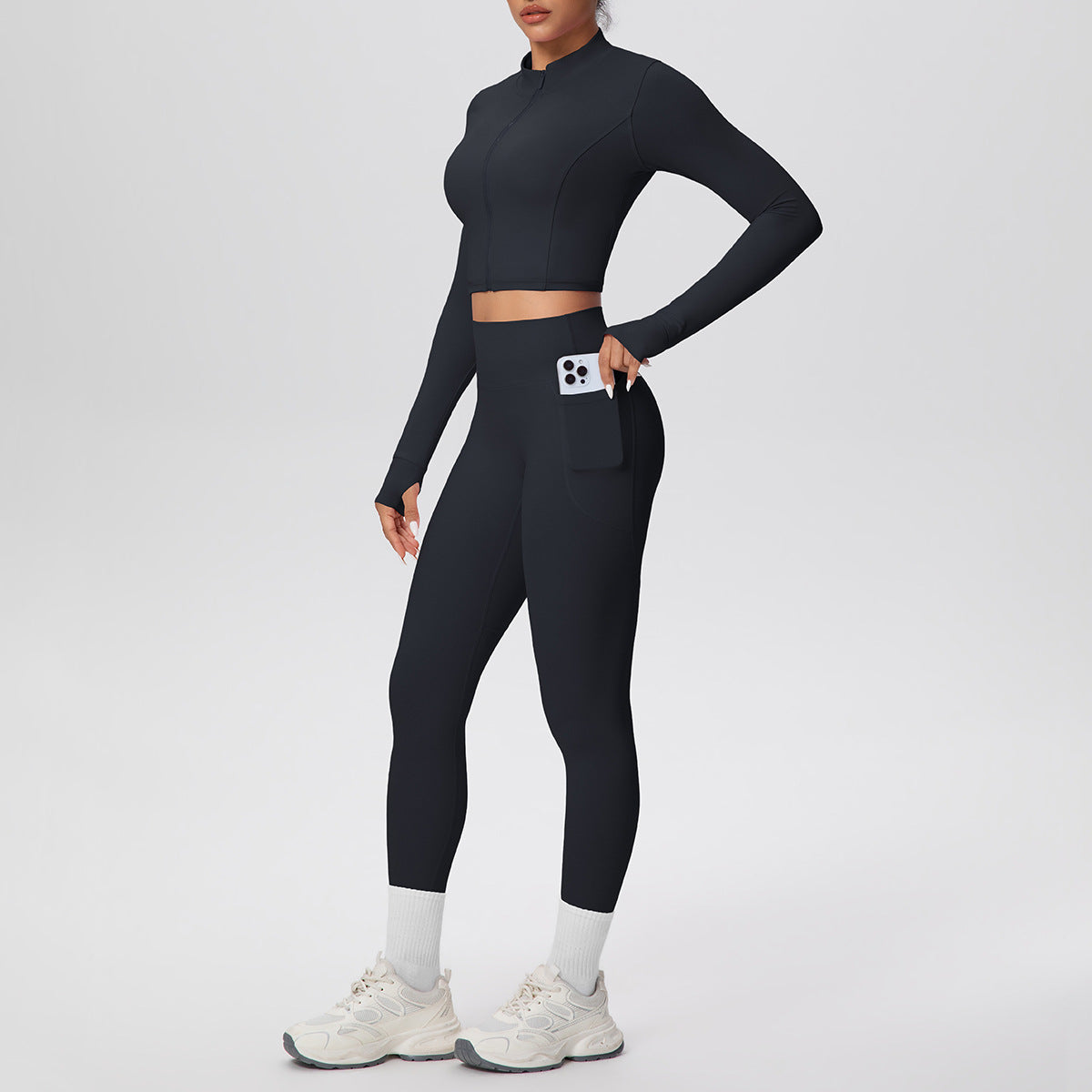 Tight High Waist Nude Feel Thumb Hole Zip Long Sleeve Coat Pocket Yoga Clothes Fitness Hip Lifting Yoga Set
