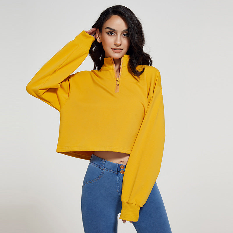 Autumn Long Collar Fitness Sports Sweater Women Loose Zip Drawstring Long Sleeve Yoga Wear Top T shirt
