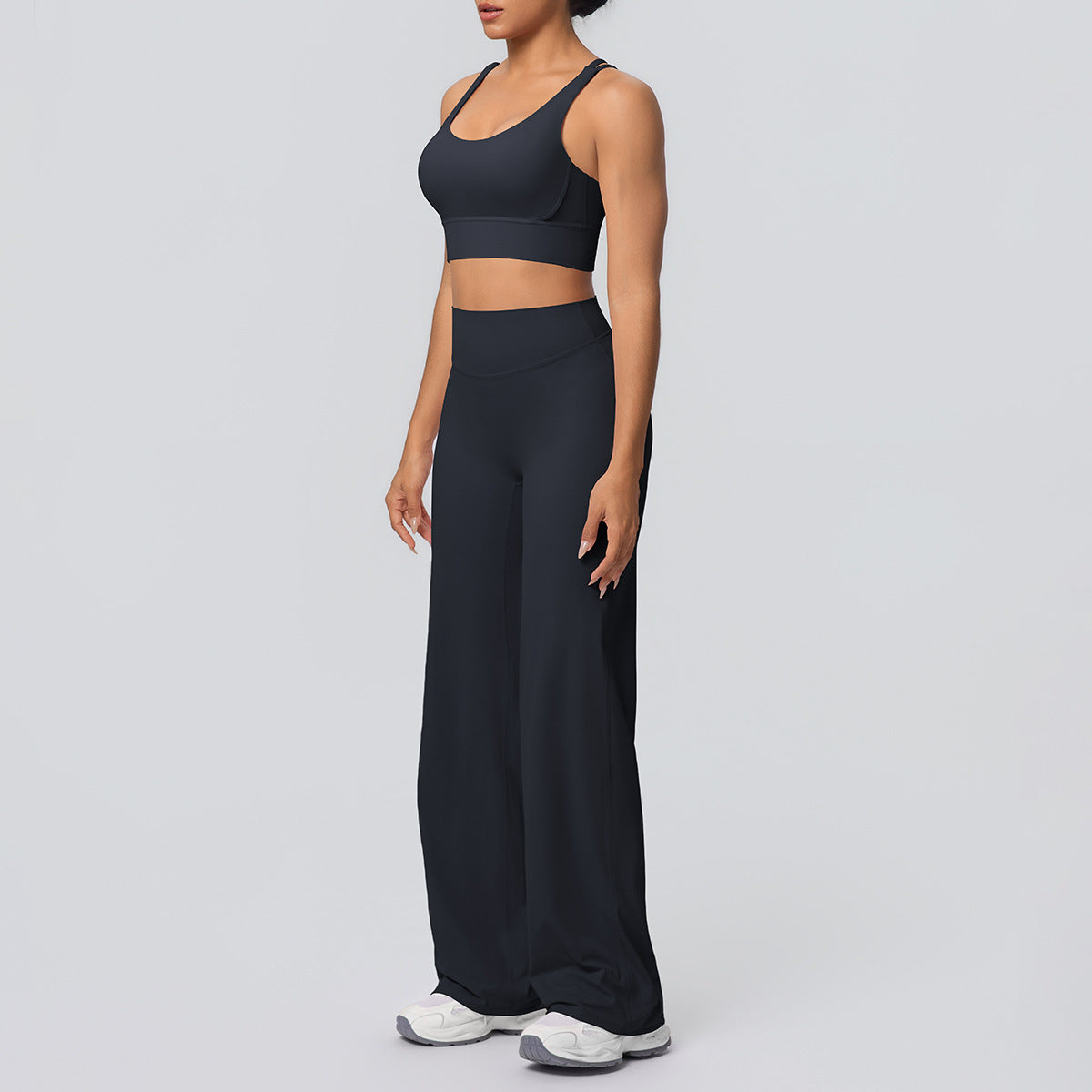Sexy Cross Shoulder Strap Backless Bra Solid Color Baggy Straight Trousers Fitness Pants Yoga Set for Women