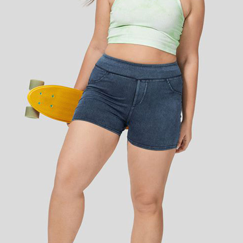 Plus Size Denim Yoga Shorts Women High Waist Slimming Hip Raise Double Pockets Sports Outerwear Shorts