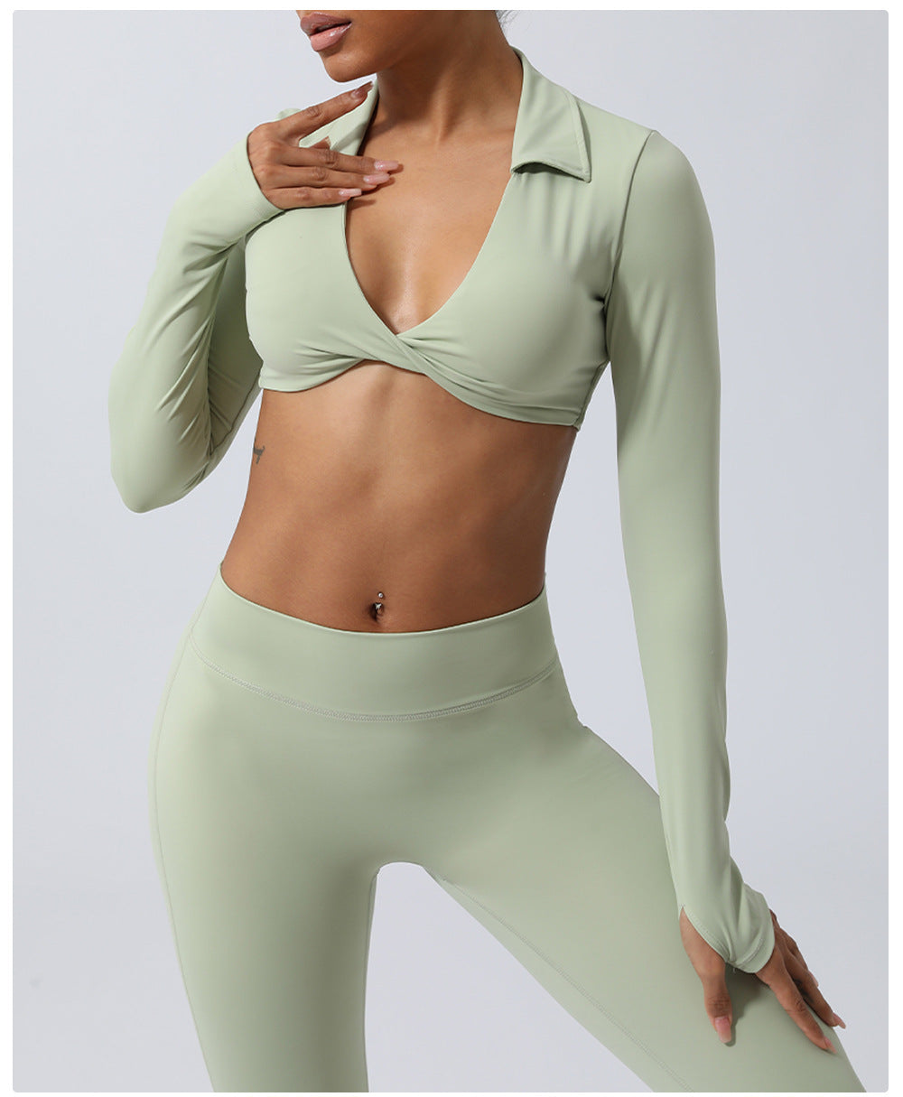 Wrinkle Hip Lifting Yoga Clothes Trousers Nude Feel Quick Drying Fitness Suit Running Sport Long Sleeve T Shirt With Chest Pad