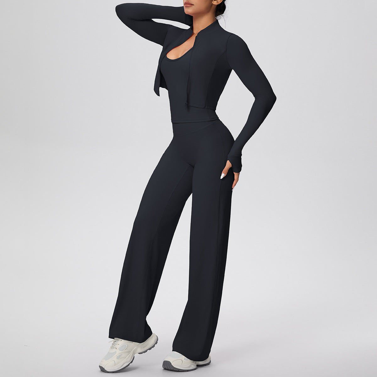 Solid Color Sports Zip Long Sleeve Coat Strap Vest Baggy Straight Trousers Workout Clothes Yoga Three Piece Set