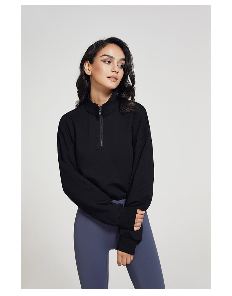 Autumn Long Collar Fitness Sports Sweater Women Loose Zip Drawstring Long Sleeve Yoga Wear Top T shirt