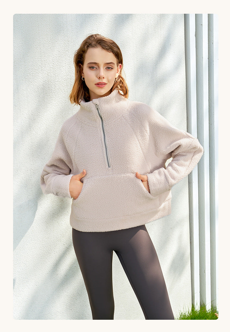 Fleece Fall Winter Casual Solid Color Top for Women Stand Collar Half Zip Lamb Wool Sweatshirt