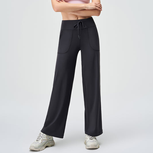 Spring Summer Micro Pull Yoga Pants Women High Waist Belly Contracting Outer Wear Hip Lifting Shaping Side Pocket Draping Wide Leg Pants