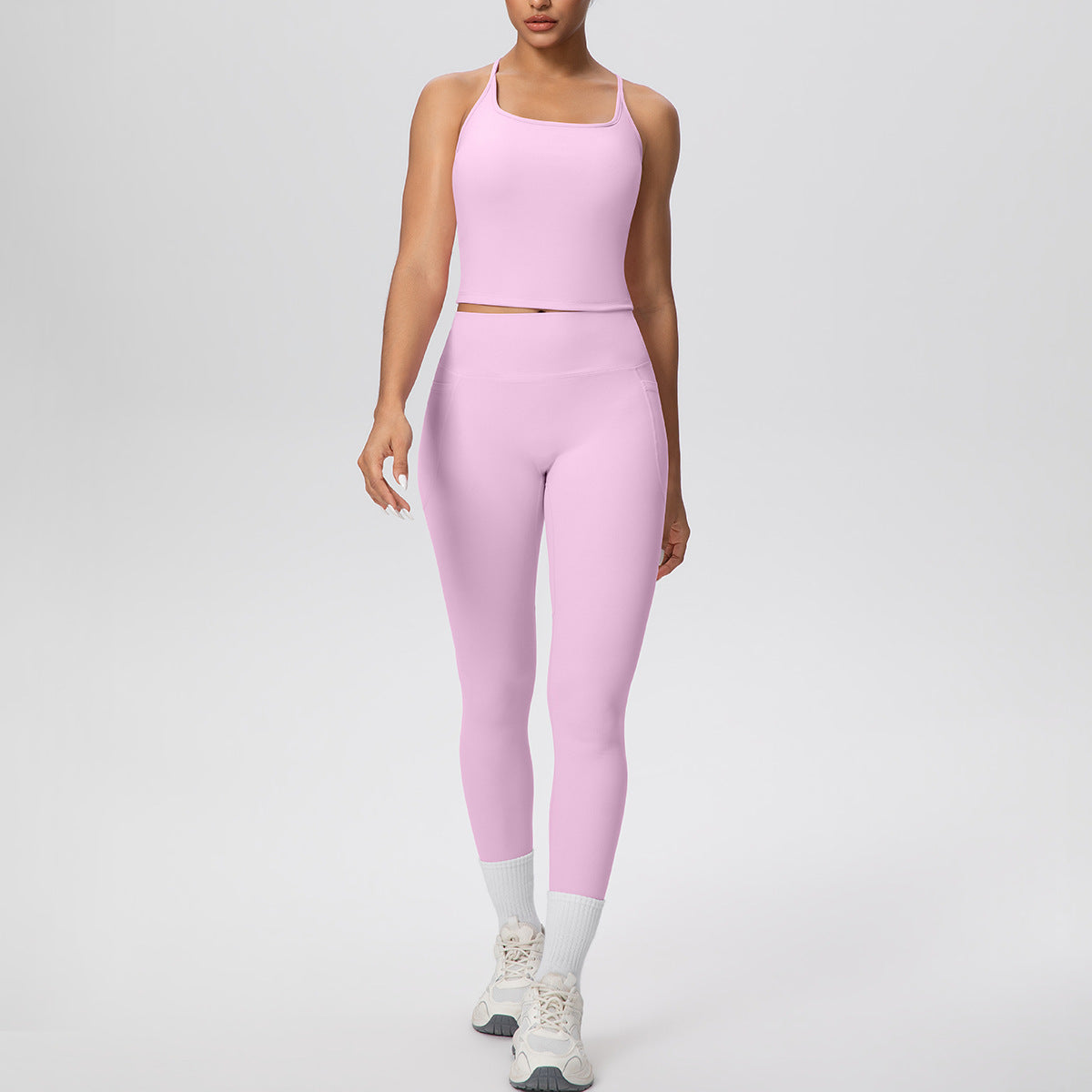 Solid Color Skin Friendly H Shaped Beauty Back Sports Vest Pocket Yoga Pants Leggings Fitness Yoga Wear Set for Women