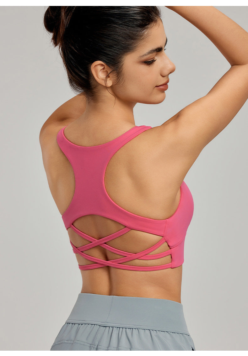Sexy Crossover Back Beautifying Workout Bra Sports Vest with Chest Pad Non Running Cup Breathable Yoga Vest Top