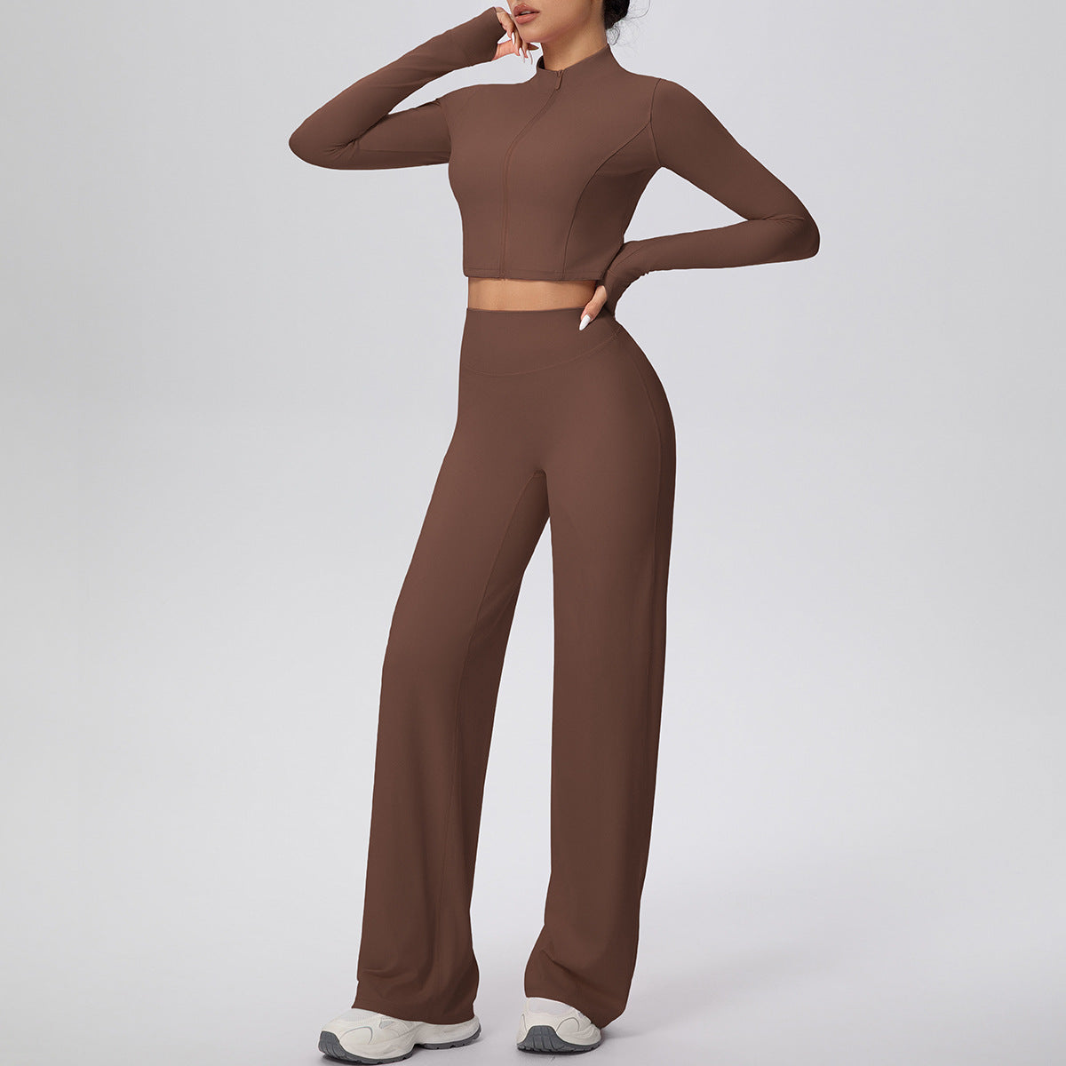 Micro Brushed Solid Color Zipper Jacket Sports Long Sleeve Running Baggy Straight Trousers Fitness Yoga Wear Suit Women