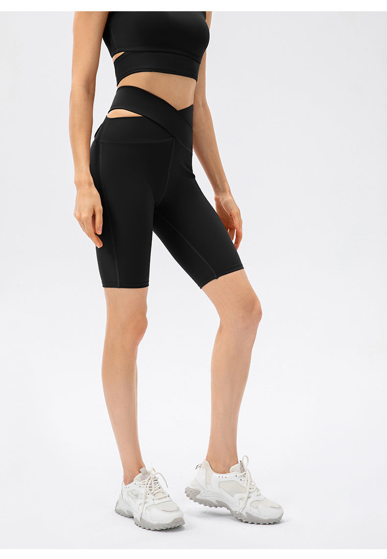 Naked Women Sense Cross High Waist Yoga Shorts No Embarrassment Line Skinny Hip Raise Belly Contracting Sports Shorts Crisscross