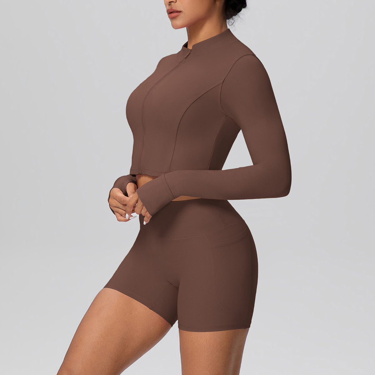 High Waist Nude Feel Thumb Hole Zip Long Sleeve Coat Pocket Shorts Yoga Clothes Fitness Hip Lifting Yoga Set