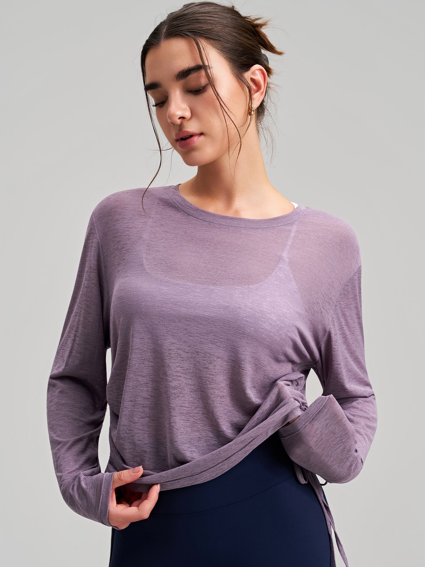 Outer Wear round Neck Yoga Blouse Long Sleeve Thigh Length Side Drawstring T shirt Loose Breathable Fitness Running Yoga Clothes