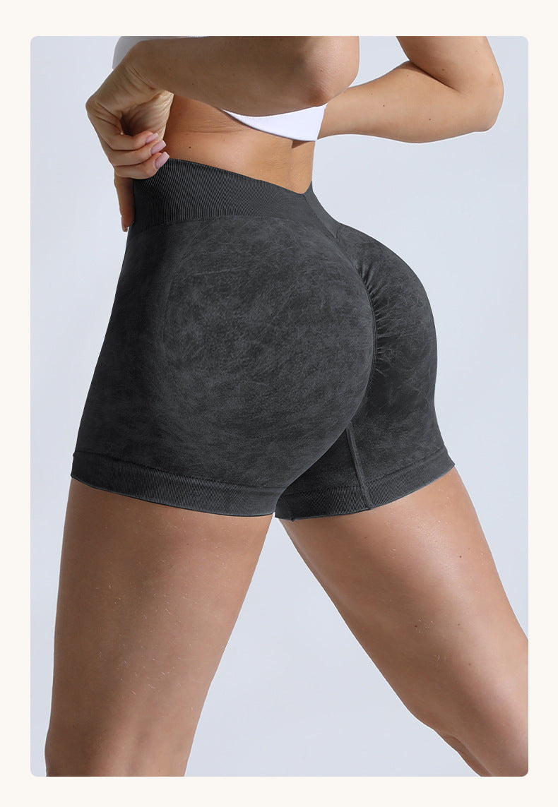 High Waist Peach Hip Lifting Running Fitness Women Shorts Tight Belly Trimming Body Shaping Cropped Outfit Waist Girdling Stone Washed Yoga Shorts
