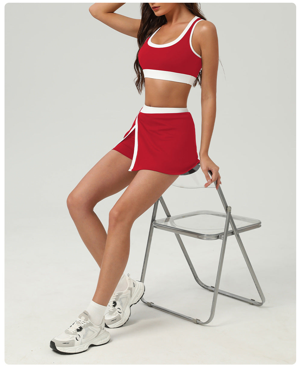 Contrast Color Sports Bra Tennis Skirt Set Women Quick Drying Anti Emptied Pantskirt Sports Set