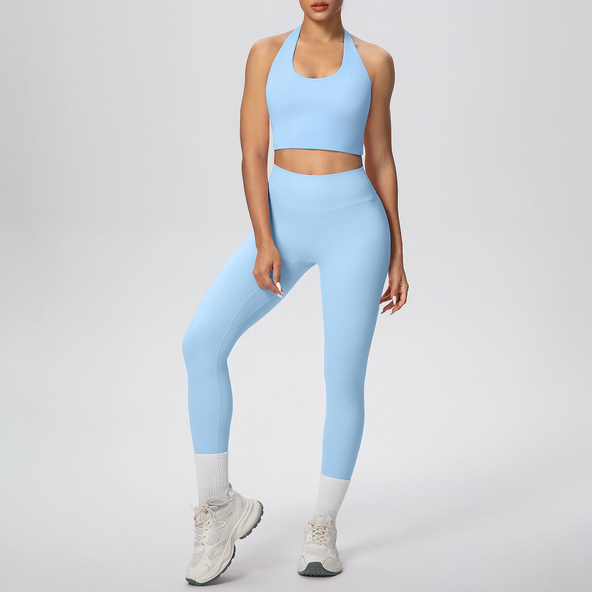 Solid Color Halter Beauty Back Exercise Bra Gathering Vest Running Body Shaping Exercise Workout Pants Yoga Two Piece Sets