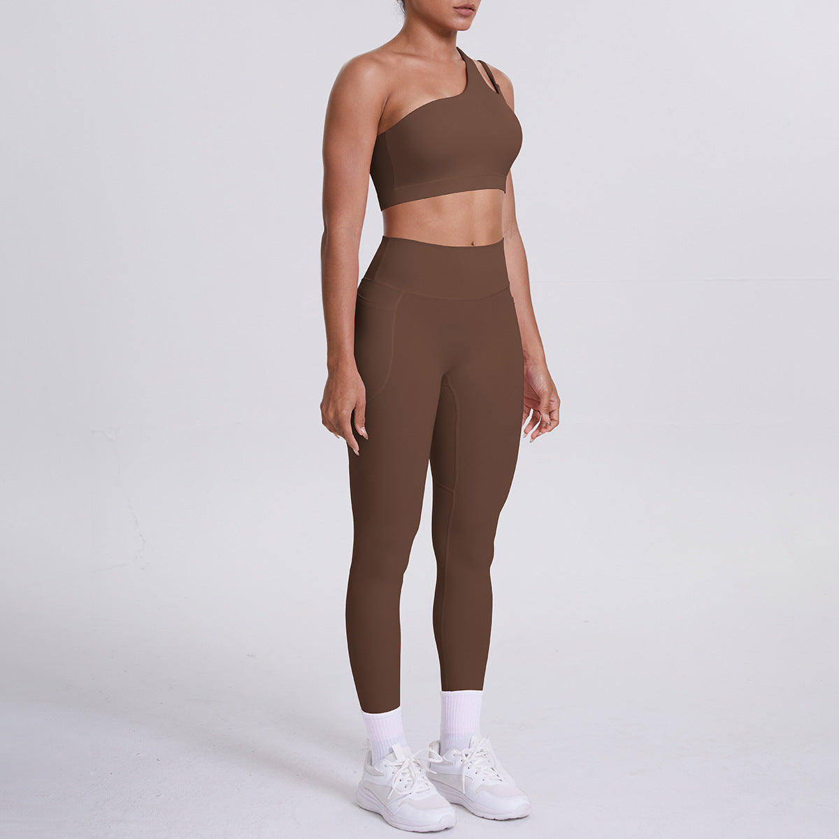 Oblique One Shoulder Beauty Back Yoga Bra Nude Feel Sports Underwear Running Yoga Pants Fitness Pocket Trousers Set