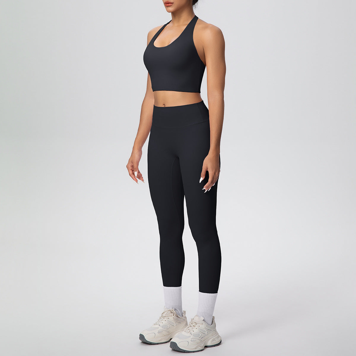 Solid Color Halter Beauty Back Exercise Bra Gathering Vest Running Body Shaping Exercise Workout Pants Yoga Two Piece Sets