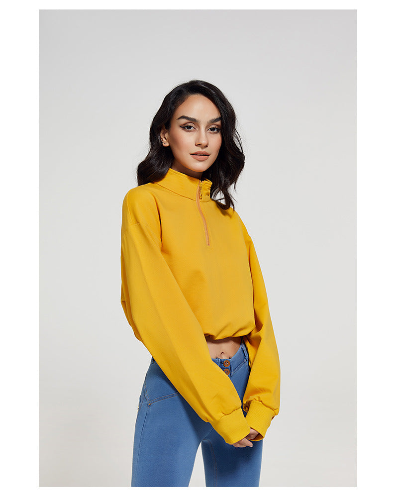 Autumn Long Collar Fitness Sports Sweater Women Loose Zip Drawstring Long Sleeve Yoga Wear Top T shirt