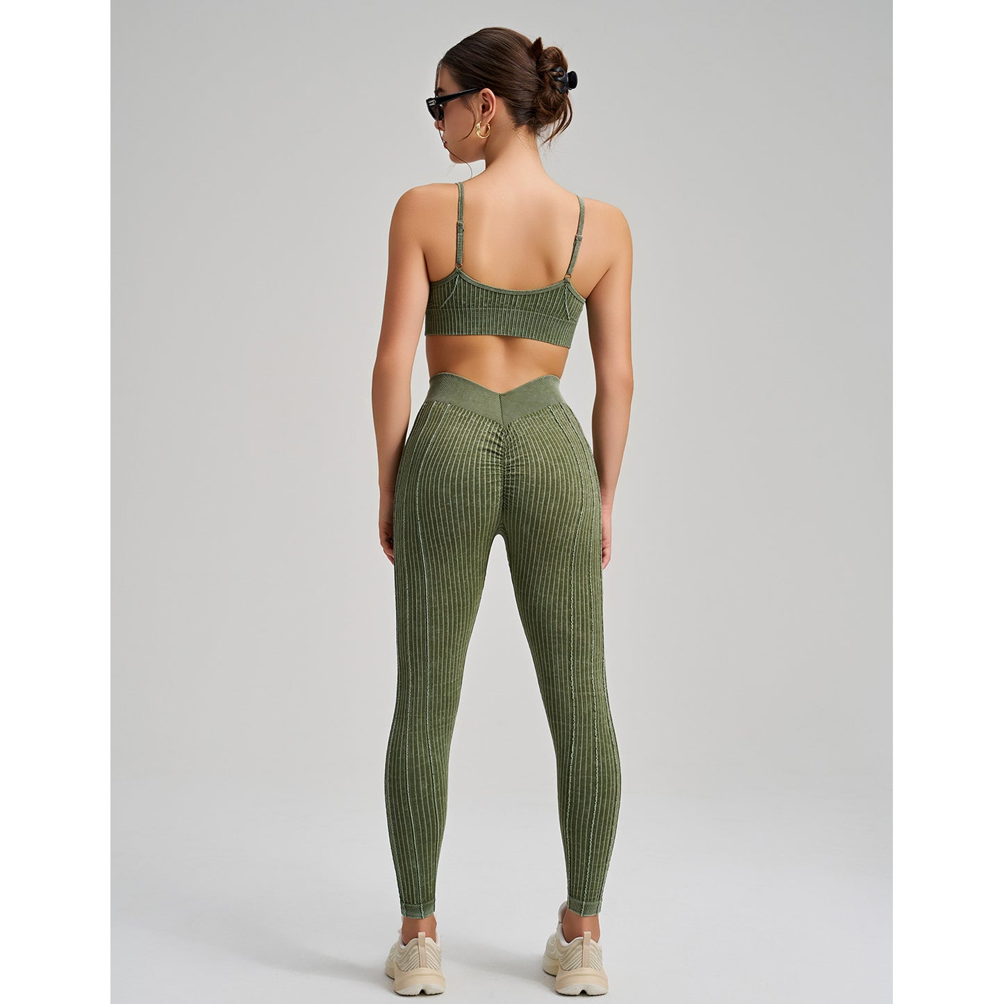Stone Washed Peach Hip Seamless Yoga Pants Set Sports Fitness Running Shockproof Vest Two Piece Set