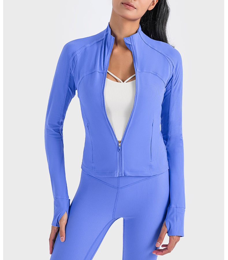 Vertical Rib High Elastic Tight Wicking Wet Yoga Jacket Sports Running Zipper Short Jacket