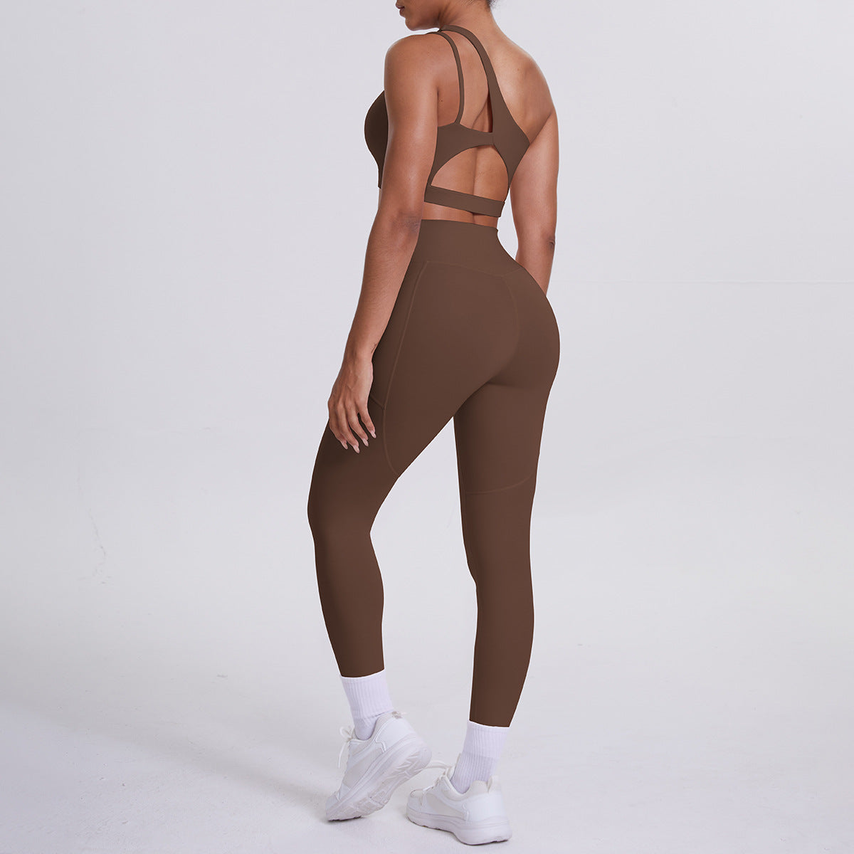 Oblique One Shoulder Beauty Back Yoga Bra Nude Feel Sports Underwear Running Yoga Pants Fitness Pocket Trousers Set