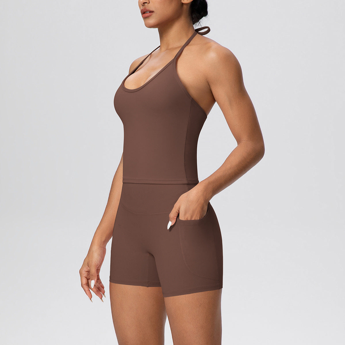 Women Cloud Sense Solid Color Lace Strap Beauty Back Yoga Vest Pocket Shorts Sports Slim Fitting Yoga Set