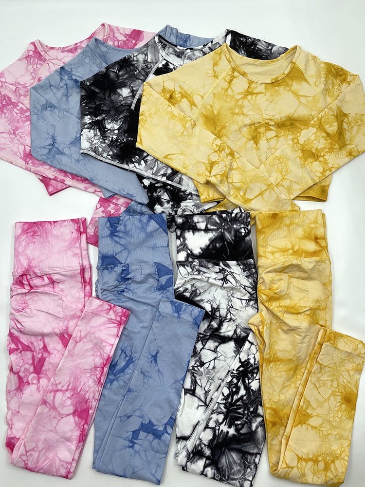 Peach Hip Fitness Pants Tie Dyed Yoga Clothes Nude Feel Brushed Sports Long Sleeve Workout Exercise Pants Yoga Suit Women