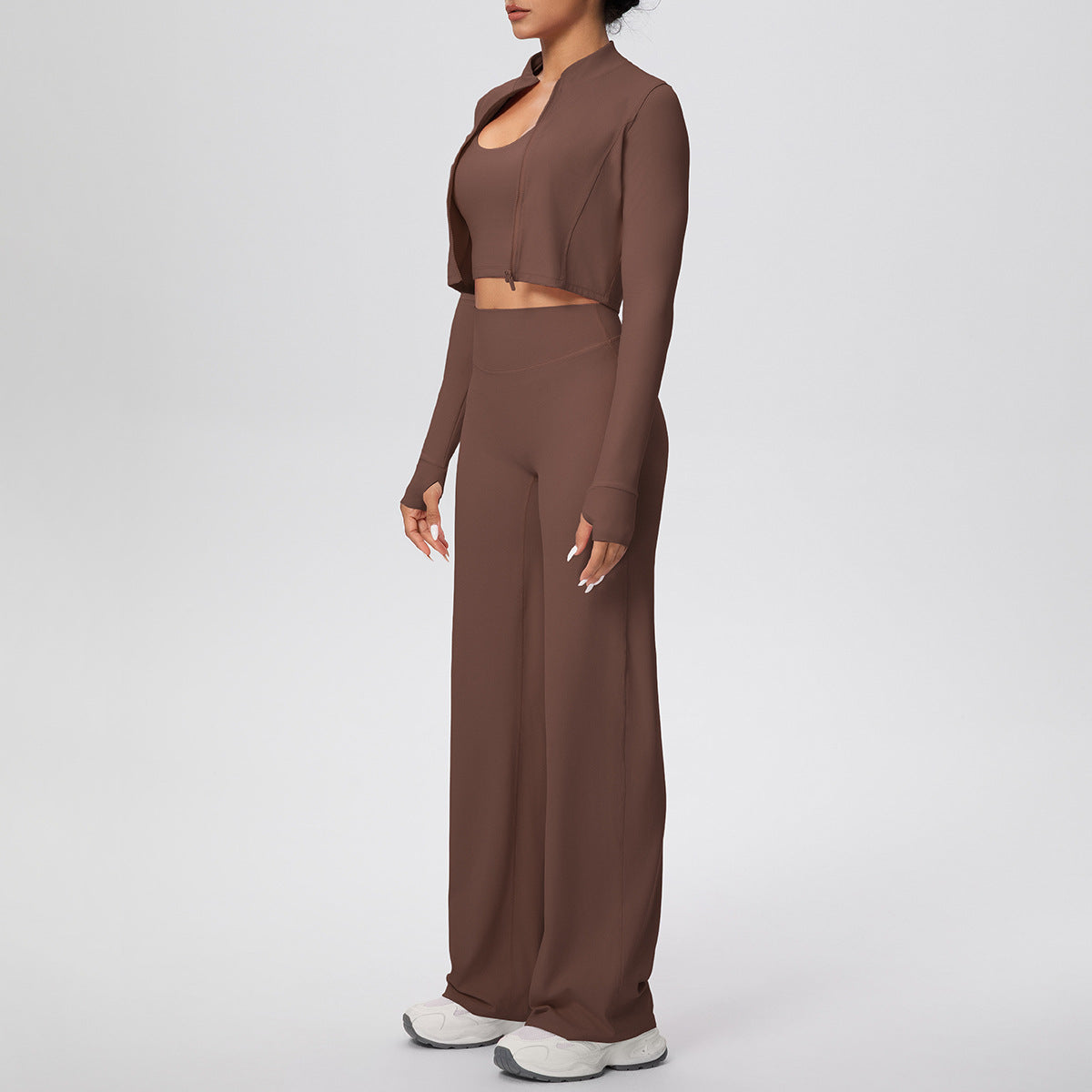 Solid Color Sports Zip Long Sleeve Coat Halterneck Vest Baggy Straight Trousers Workout Clothes Yoga Three Piece Suit