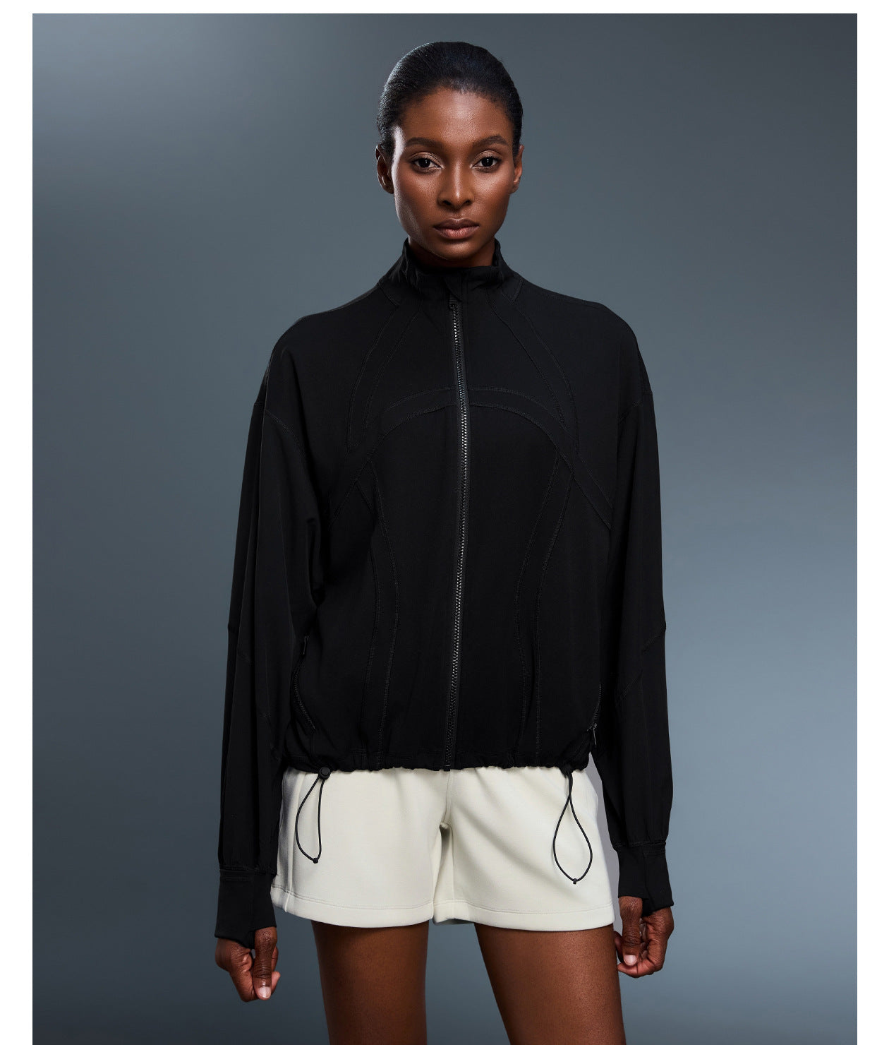 Windproof Stand Collar Baggy Coat Women Autumn Simplicity All Match Drawstring at Hem Sports Workout Clothes