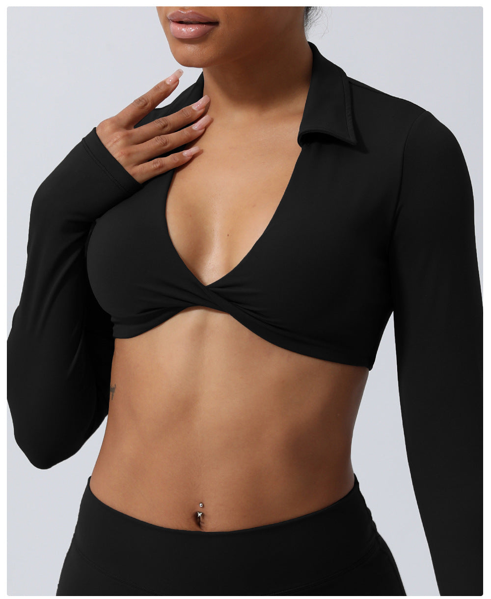 Nude Feel Collared Kinky Sports Top Sexy Cropped Exposed Yoga Clothes with Chest Pad Indoor Training Workout Long Sleeve T shirt
