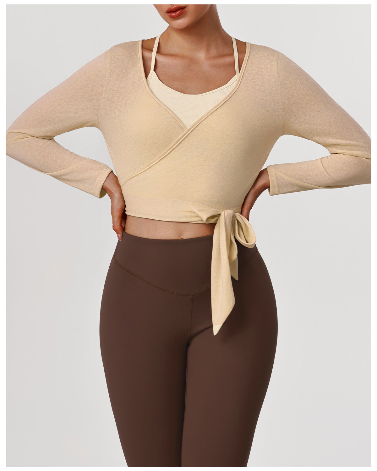 Spring Summer Long Sleeve Smock Top Yoga Clothes Slim Fit Two Piece Sets Sling with Chest Pad Dance Training Clothes Outfit
