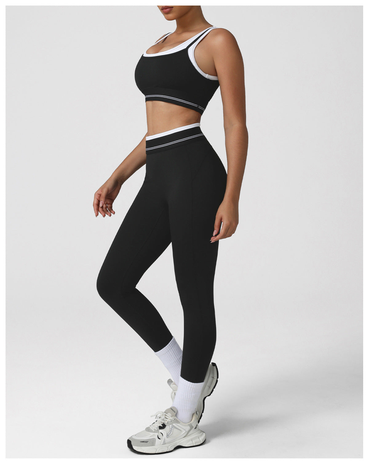 Contrast Color Hip Lifting Yoga Clothes Skinny Ankle Length Pants Suit Faux Two Piece High Elastic Sports Vest Fitness Two Piece Sets Women