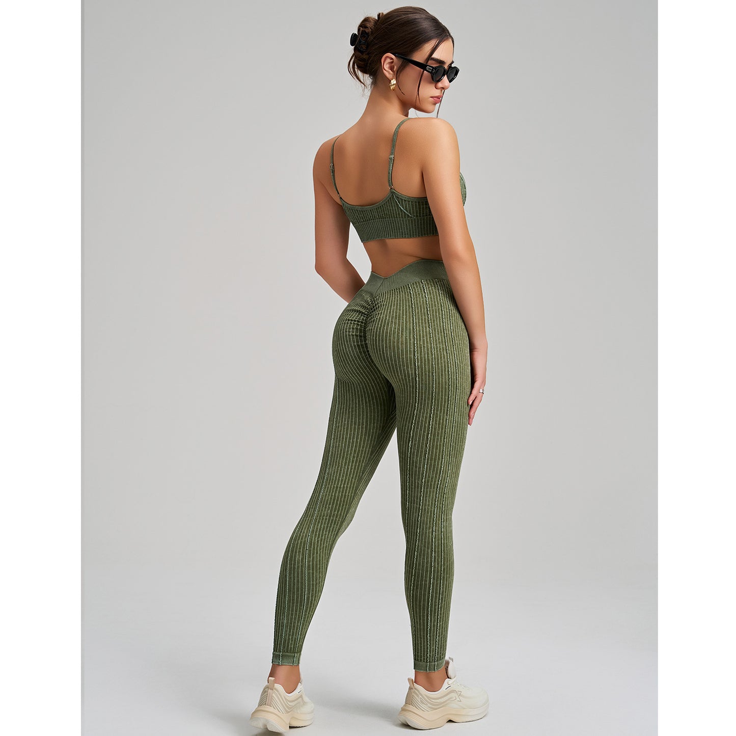 Stone Washed Peach Hip Seamless Yoga Pants Set Sports Fitness Running Shockproof Vest Two Piece Set