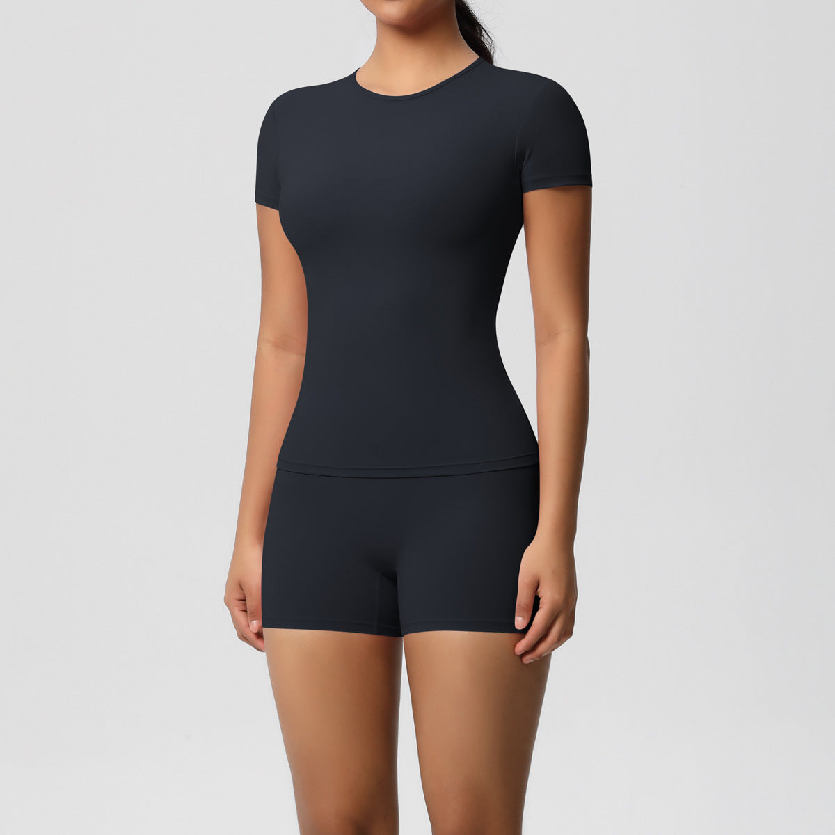 Solid Color Nude Feel Skin Friendly Exercise Yoga Clothes Slim Fit Slimming Stretch T shirt Fitness Shorts Set Women