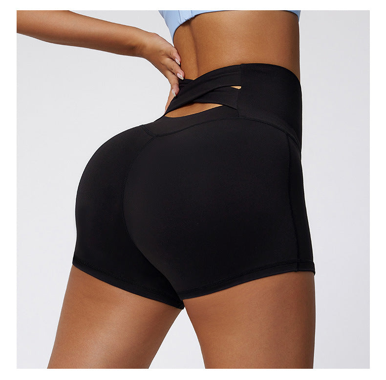 Summer Nude Feel Yoga Shorts High Waist Hip Lift Back Waist Cross Cycling Fitness Exercise Short Shorts